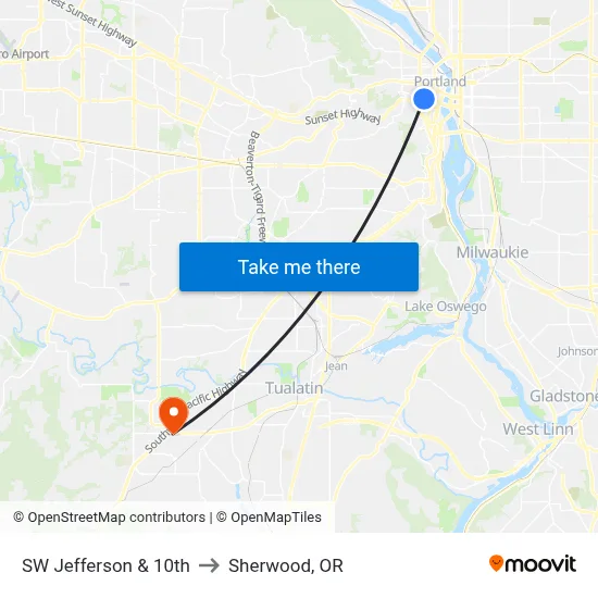 SW Jefferson & 10th to Sherwood, OR map