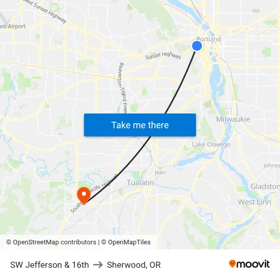 SW Jefferson & 16th to Sherwood, OR map
