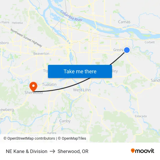 NE Kane & Division to Sherwood, OR map