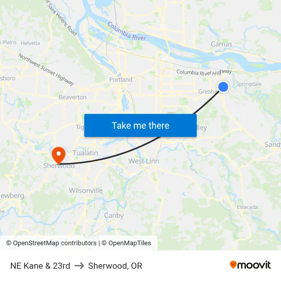 NE Kane & 23rd to Sherwood, OR map