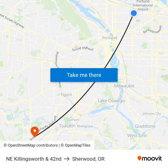 NE Killingsworth & 42nd to Sherwood, OR map