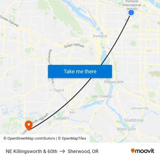 NE Killingsworth & 60th to Sherwood, OR map
