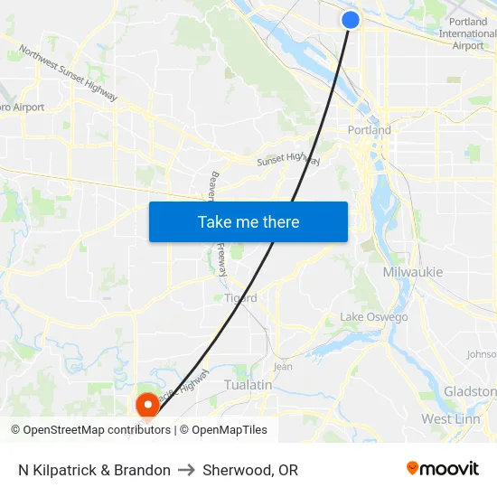 N Kilpatrick & Brandon to Sherwood, OR map