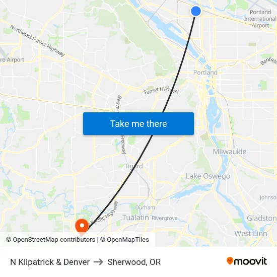 N Kilpatrick & Denver to Sherwood, OR map