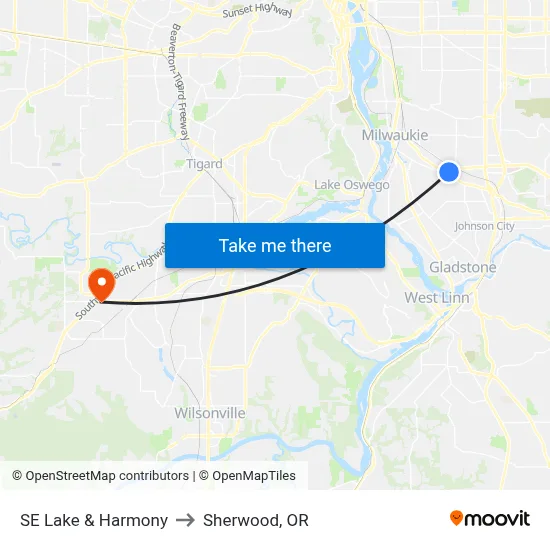 SE Lake & Harmony to Sherwood, OR map