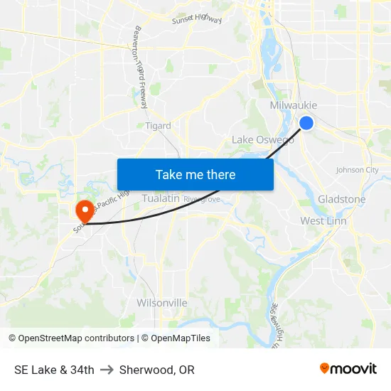 SE Lake & 34th to Sherwood, OR map