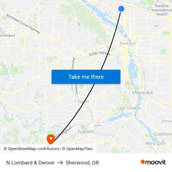 N Lombard & Denver to Sherwood, OR map