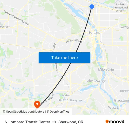 N Lombard Transit Center to Sherwood, OR map