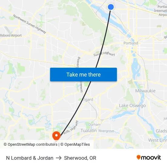 N Lombard & Jordan to Sherwood, OR map