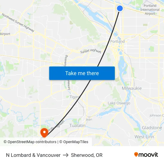 N Lombard & Vancouver to Sherwood, OR map