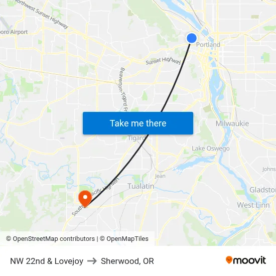 NW 22nd & Lovejoy to Sherwood, OR map