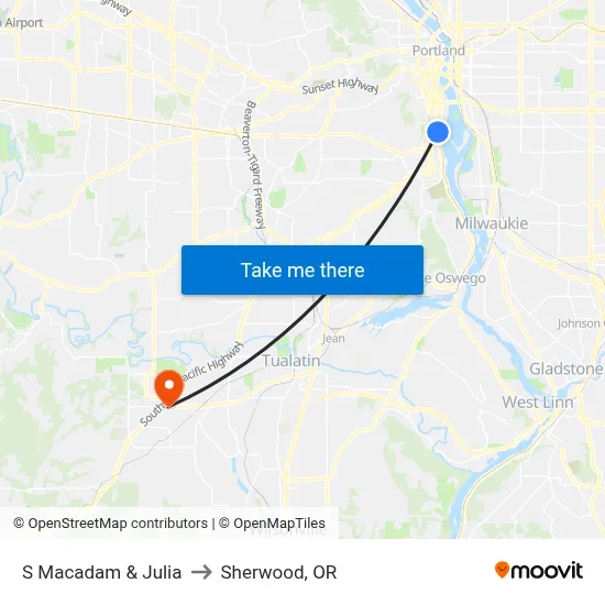 S Macadam & Julia to Sherwood, OR map