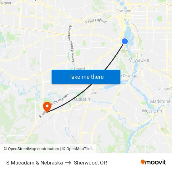 S Macadam & Nebraska to Sherwood, OR map