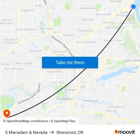 S Macadam & Nevada to Sherwood, OR map