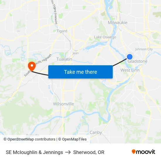SE Mcloughlin & Jennings to Sherwood, OR map