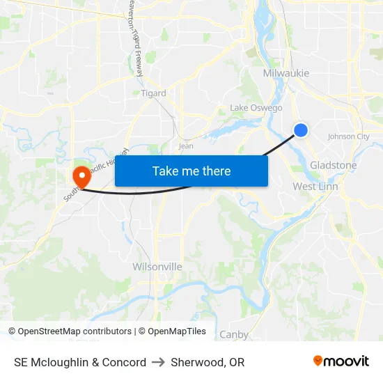SE Mcloughlin & Concord to Sherwood, OR map