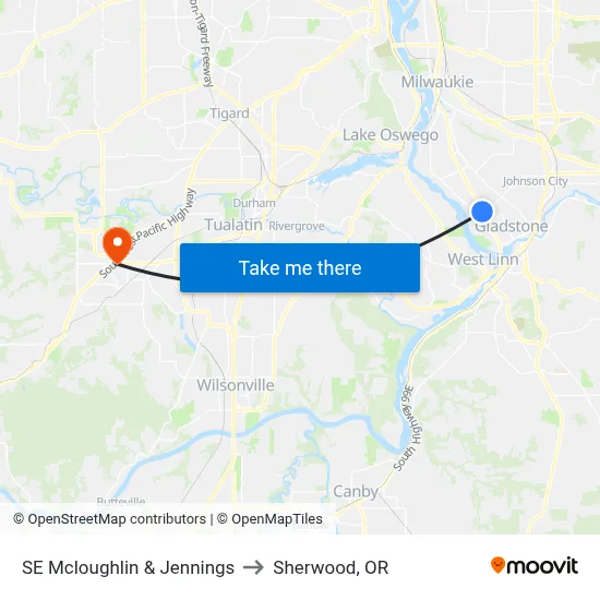 SE Mcloughlin & Jennings to Sherwood, OR map