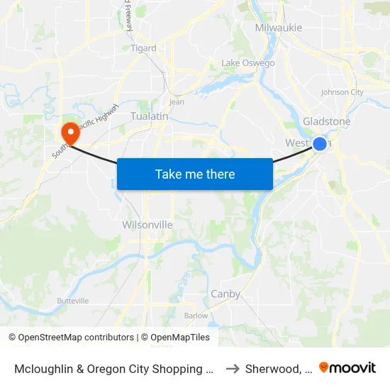 Mcloughlin & Oregon City Shopping Center to Sherwood, OR map