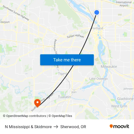N Mississippi & Skidmore to Sherwood, OR map