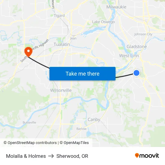 Molalla & Holmes to Sherwood, OR map