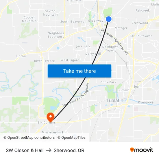 SW Oleson & Hall to Sherwood, OR map