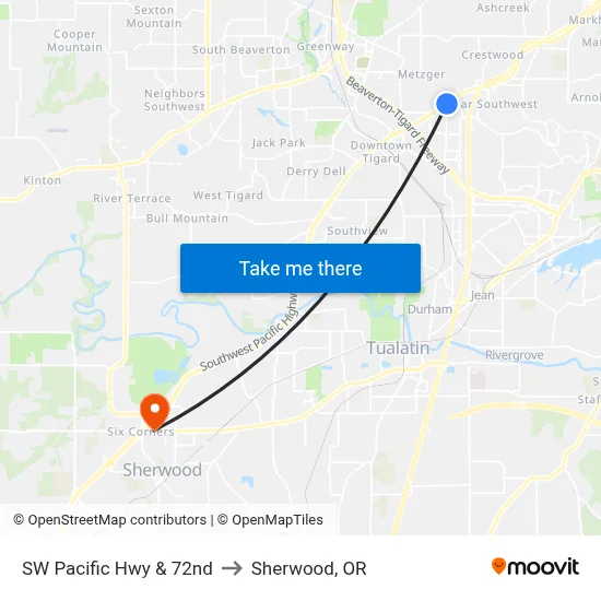 SW Pacific Hwy & 72nd to Sherwood, OR map