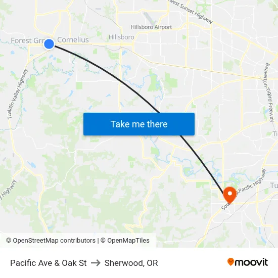 Pacific Ave & Oak St to Sherwood, OR map