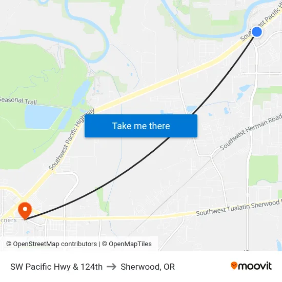 SW Pacific Hwy & 124th to Sherwood, OR map