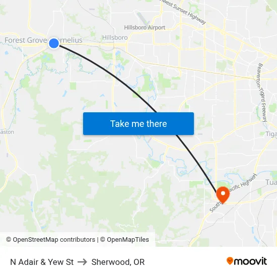 N Adair & Yew St to Sherwood, OR map
