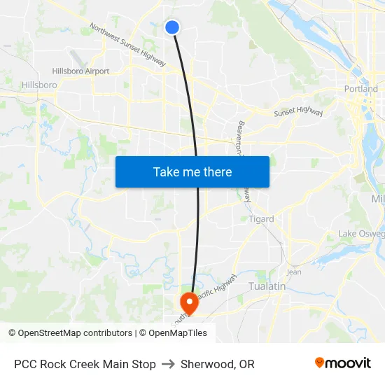 PCC Rock Creek Main Stop to Sherwood, OR map