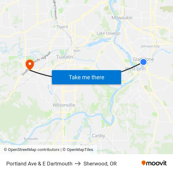 Portland Ave & E Dartmouth to Sherwood, OR map