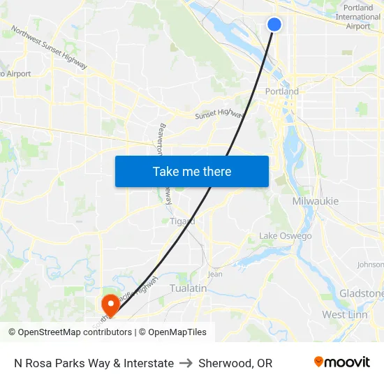N Rosa Parks Way & Interstate to Sherwood, OR map