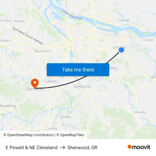 E Powell & NE Cleveland to Sherwood, OR map