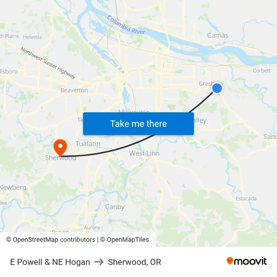 E Powell & NE Hogan to Sherwood, OR map
