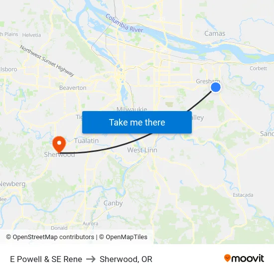 E Powell & SE Rene to Sherwood, OR map