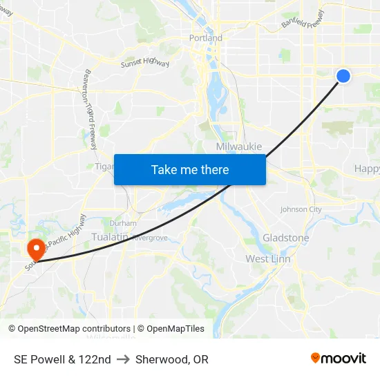 SE Powell & 122nd to Sherwood, OR map