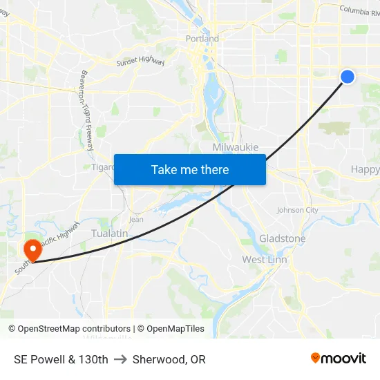 SE Powell & 130th to Sherwood, OR map