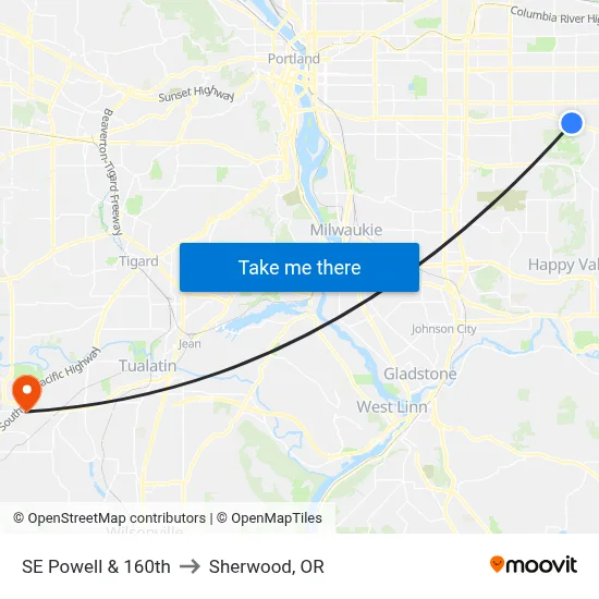 SE Powell & 160th to Sherwood, OR map