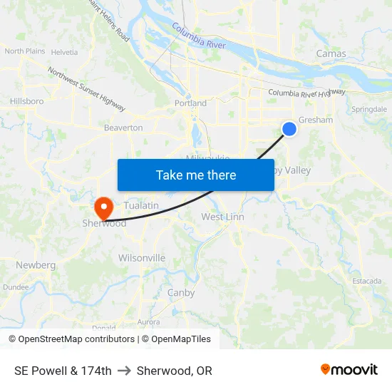 SE Powell & 174th to Sherwood, OR map