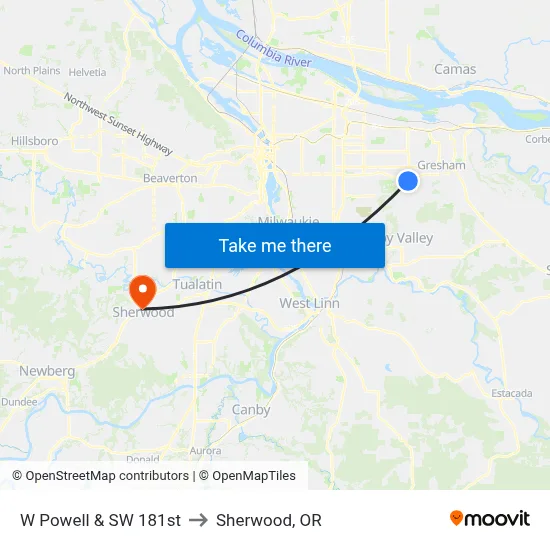 W Powell & SW 181st to Sherwood, OR map