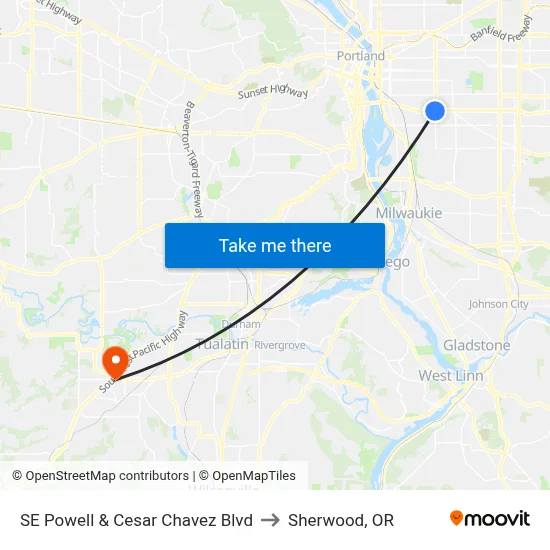 SE Powell & Cesar Chavez Blvd to Sherwood, OR map