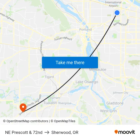 NE Prescott & 72nd to Sherwood, OR map