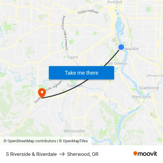 S Riverside & Riverdale to Sherwood, OR map