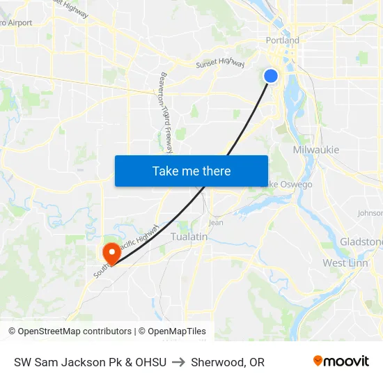 SW Sam Jackson Pk & OHSU to Sherwood, OR map