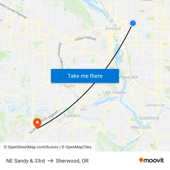 NE Sandy & 33rd to Sherwood, OR map