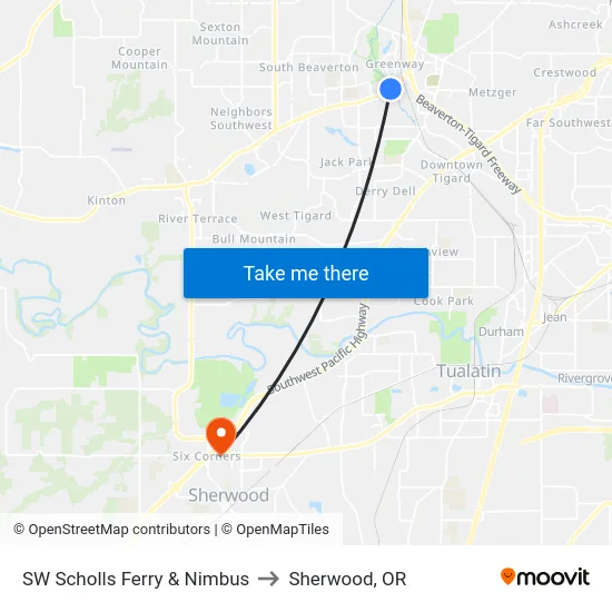 SW Scholls Ferry & Nimbus to Sherwood, OR map