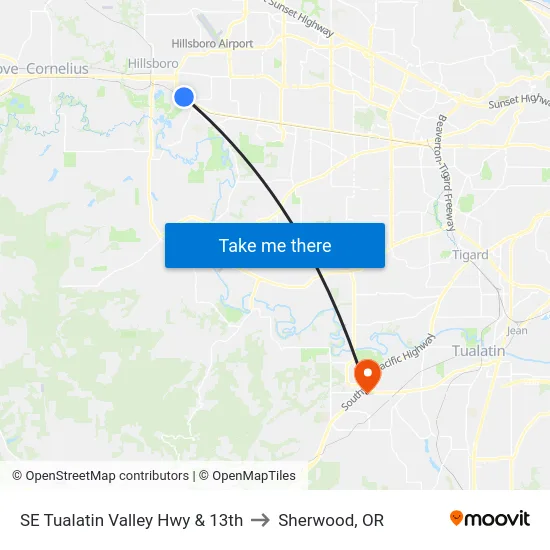SE Tualatin Valley Hwy & 13th to Sherwood, OR map