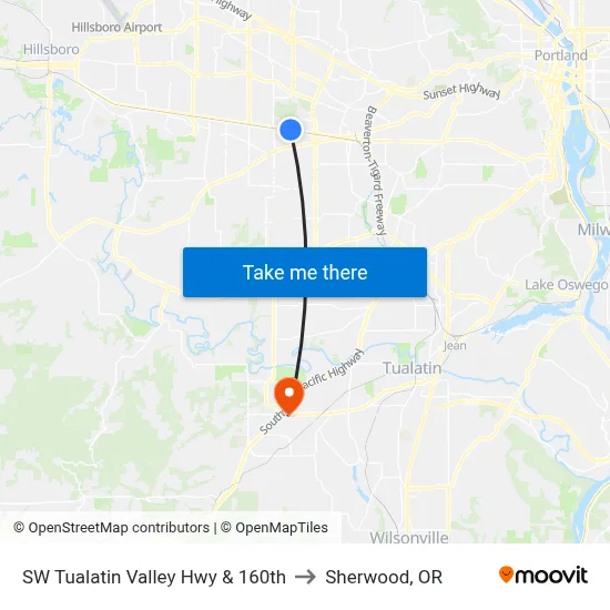 SW Tualatin Valley Hwy & 160th to Sherwood, OR map