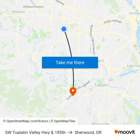 SW Tualatin Valley Hwy & 185th to Sherwood, OR map