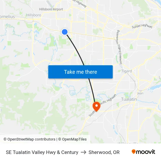 SE Tualatin Valley Hwy & Century to Sherwood, OR map